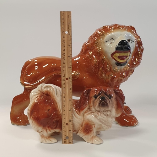 44 - Pair of Ceramic Lion Ornaments (H:28 x L:40cm) and Melba Ware Ceramic Dog Ornament