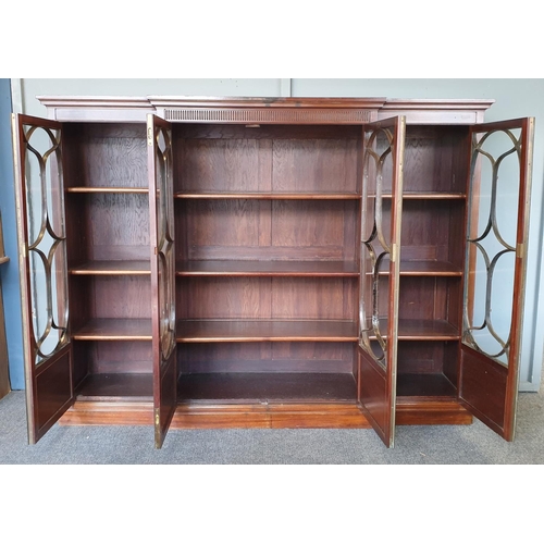 62 - Inlaid Mahogany Four Door Break-Front Bookcase by Maple & Co., H:138 x W:183 x D:43cm