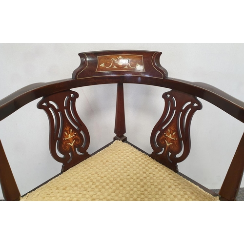 116 - Inlaid Mahogany Corner Chair, H:73 x W:63 x D:61cm
