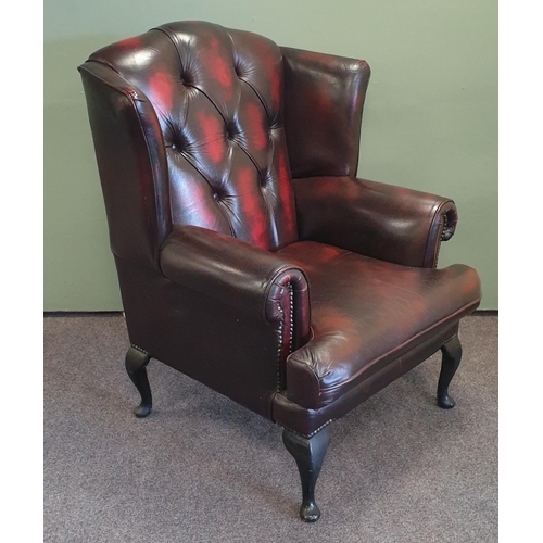 1 - Oxblood Leather Chesterfield Wingback Armchair, H:108 x W:93 x D:90cm