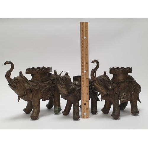 50 - Oriental Carved Relief Plaque (H:39 x W:57cm), Three Bronze Elephant Ornaments and Three Leaf Pictur... 