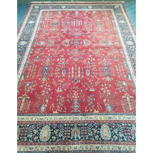 93 - Large Wine Wool Carpet with all over design and navy Border, L:350 x W:240cm