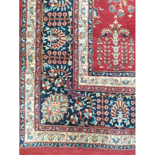 93 - Large Wine Wool Carpet with all over design and navy Border, L:350 x W:240cm