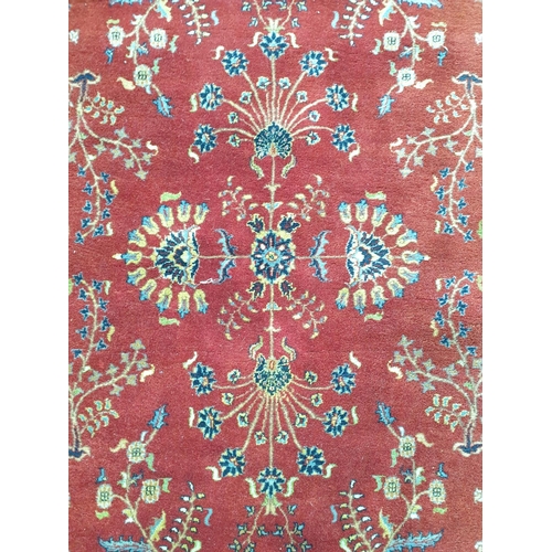 93 - Large Wine Wool Carpet with all over design and navy Border, L:350 x W:240cm