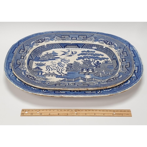 97 - Lot of 2x Willow Pattern Meat Plates, 40x31cm / 45x36cm