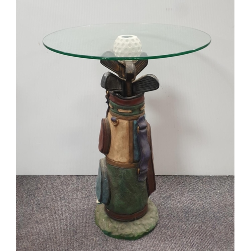 98 - Golf Themed Circular Glass Top Occasional Table (H:60 x D:45cm) and Table Lamp/Clock (Height 50cm)