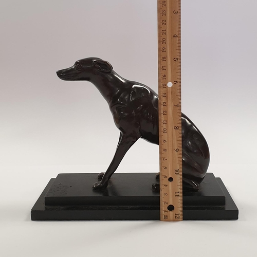 108 - Bronze Greyhound Figure on Wooden Base, H:18 x W:23 x D:11cm