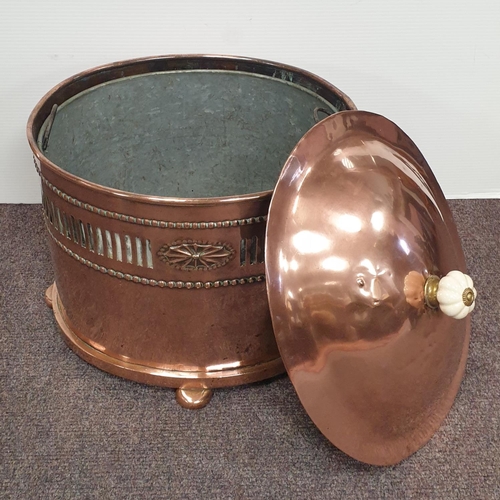 234 - Oval Shaped Copper Coal Box with Cover and Liner, H:45 x W:45 x D:35cm