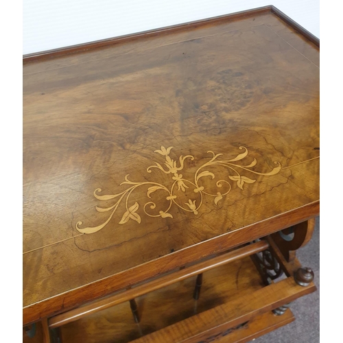 252 - Inlaid Walnut Canterbury with Single Drawer, H:86 x W:59 x D:38cm