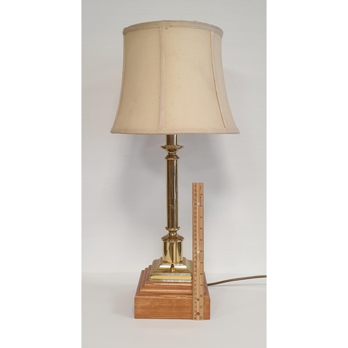 61 - Brass Effect Lamp on Wooden Base, with Shade. Height 68cm overall