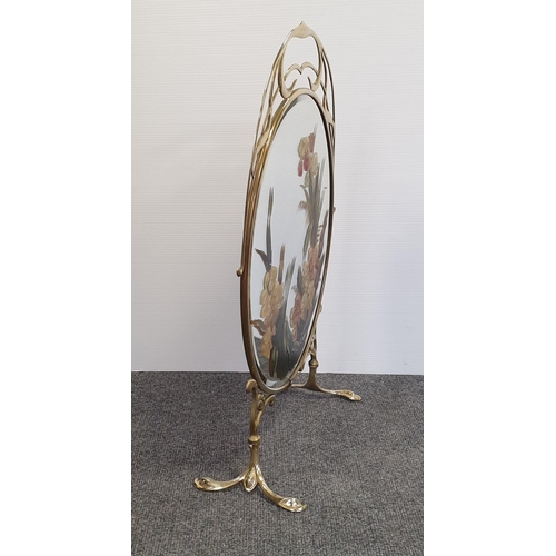 6 - Art Nouveau Style Oval Brass Fire Screen with Painted Mirror, H:80 x W:48cm