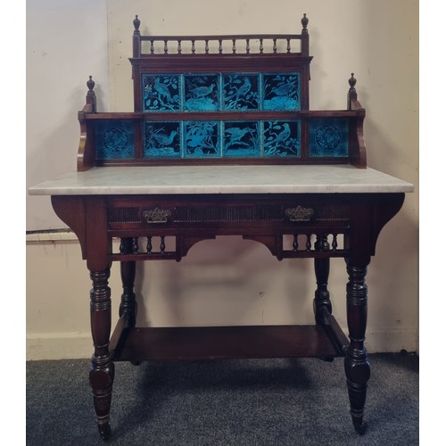 63 - Antique Marble Top Washstand with Bird Design Tile Back (blind drawer) Table Height: 76cm x Total He... 