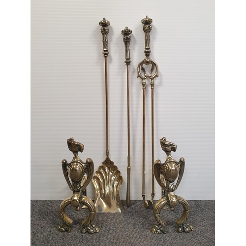 72 - Set of Three Brass Fire Irons and Dogs