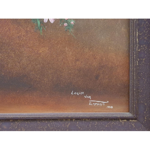 77 - Large Gilt Framed Oil on Board - Still Life. Signed Lariza Van Emmenis, 1998. H:78 x W:108cm