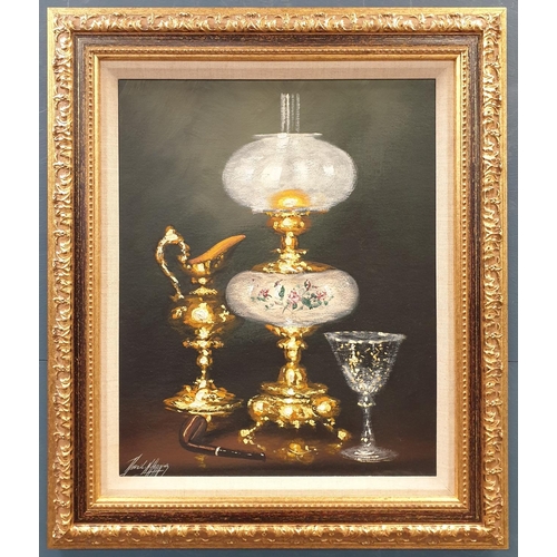 88 - Gilt framed Oil on Canvas - Still Life - Oil Lamp etc., Signed Bottom Left. H:65 x W:55cm