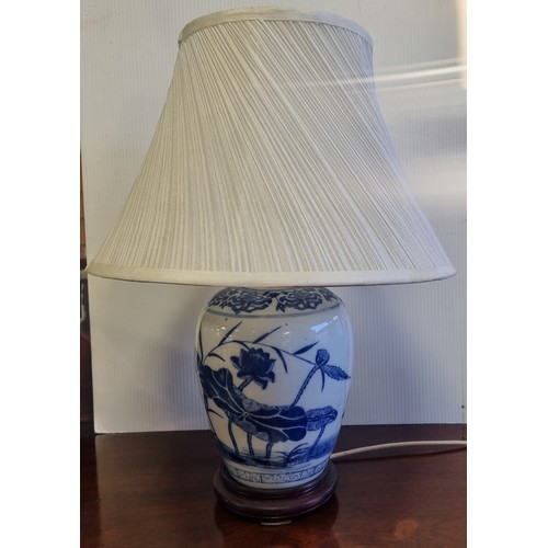 85 - Blue and White Porcelain Table Lamp and Shade, Total Height 52cm