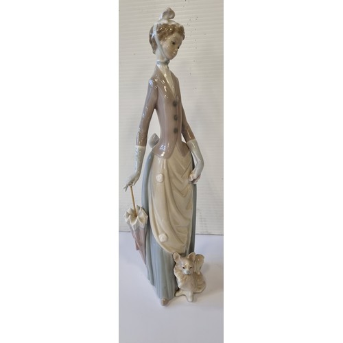 45 - Tall Lladro Figure, Lady with Umbrella and Dog, H: 35.5cm