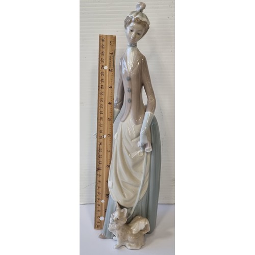 45 - Tall Lladro Figure, Lady with Umbrella and Dog, H: 35.5cm