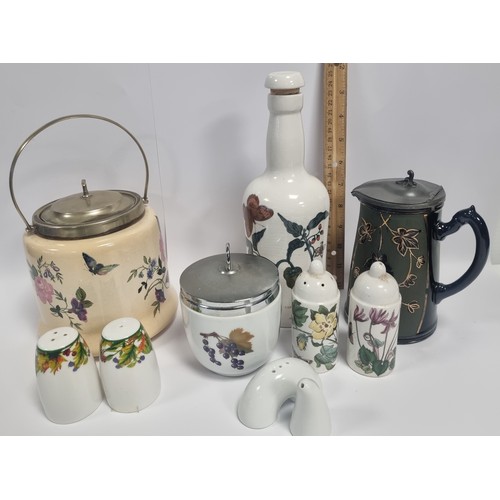 142 - Assorted Odd Lot including Egg Coddler, Portmeirion Bottle (H: 26cm), Biscuit Barrell Etc.