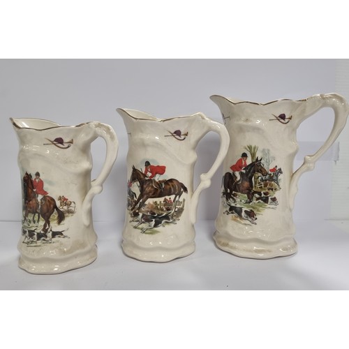 26 - Set of 3x Staffordshire Ironstone Graduated Jugs - Hunting Theme , Largest H: 22cm