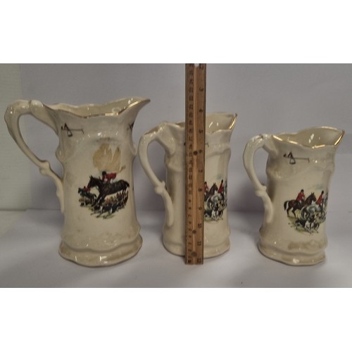 26 - Set of 3x Staffordshire Ironstone Graduated Jugs - Hunting Theme , Largest H: 22cm