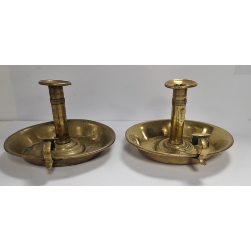 49 - Pair of Brass Chamberstick Candle Holders with Handle, H: 12.5cm x Diameter: 21cm approx.