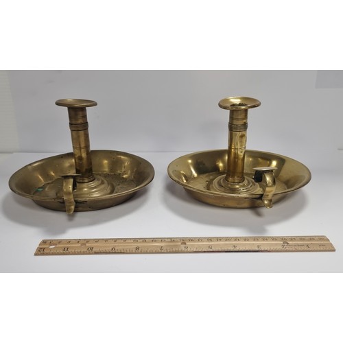 49 - Pair of Brass Chamberstick Candle Holders with Handle, H: 12.5cm x Diameter: 21cm approx.