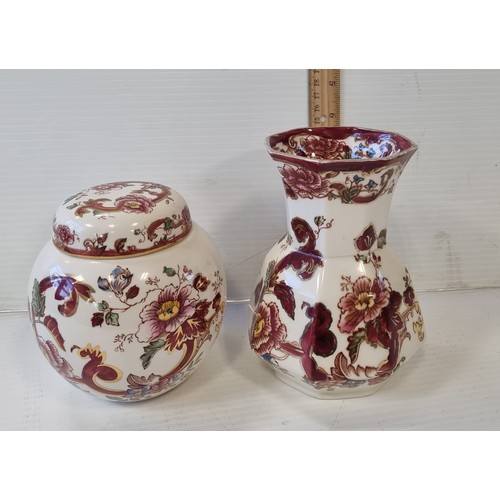 39 - Lot of 2x Pieces of Mason Ironstone Mandalay Red Ginger Jar and Vase, Tallest Height: 16cm