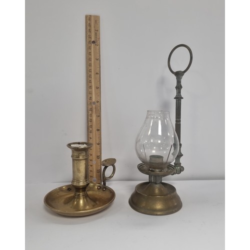 28 - Brass Chamberstick and Vintage Brass Candle Holder with Hook, Largest Height: 25cm