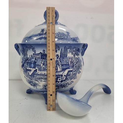 104 - Large Blue and White  Watteau Flow Blue Staffordshire Tureen and  Lid with Ladle, H: 35cm x Diameter... 