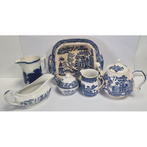 115 - Selection of Blue and White Table Ware including Sadler Tea Pot, Churchill Gravy Boat, Arklow Milk J... 