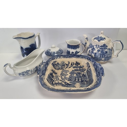 115 - Selection of Blue and White Table Ware including Sadler Tea Pot, Churchill Gravy Boat, Arklow Milk J... 