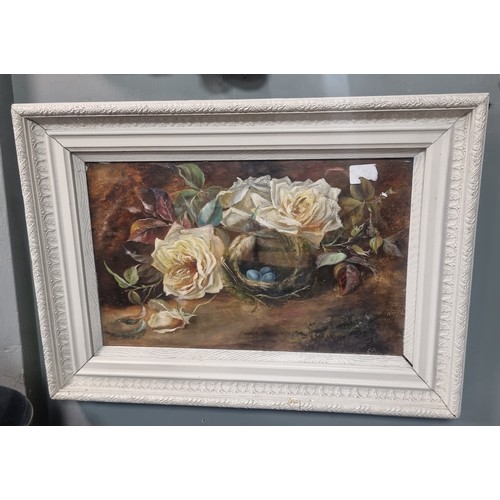 91 - Cream Framed Oil On Board Still Life Roses, H: 36.5cm x W: 51cm