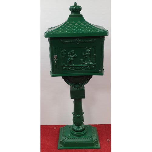 853 - Green Aluminium Post Box with Key, H: 109cm