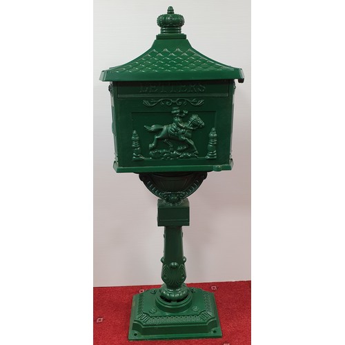 853 - Green Aluminium Post Box with Key, H: 109cm