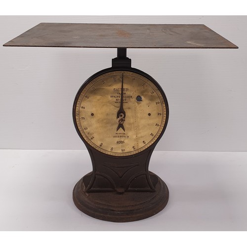 867 - Large Iron Salter Shop Weighing Scales with brass face, H: 45cm x W: 46cm x D: 36cm