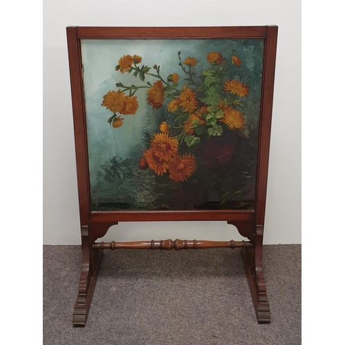 22 - Double Sided Hand-Painted Glass Fire Screen, H:90 x W:60 x D:36cm