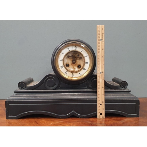 35 - Antique Black Drum Head Slate Mantle Clock, H:27 x W:45 x D:15cm