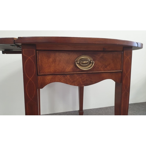 60 - Inlaid Flame Mahogany Drop Leaf Occasional Table with inlay legs and one drawer, H:67 x W:50/92 x D:... 