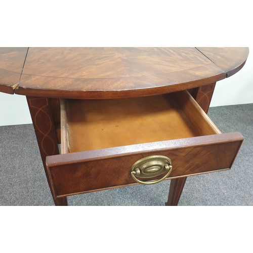 60 - Inlaid Flame Mahogany Drop Leaf Occasional Table with inlay legs and one drawer, H:67 x W:50/92 x D:... 