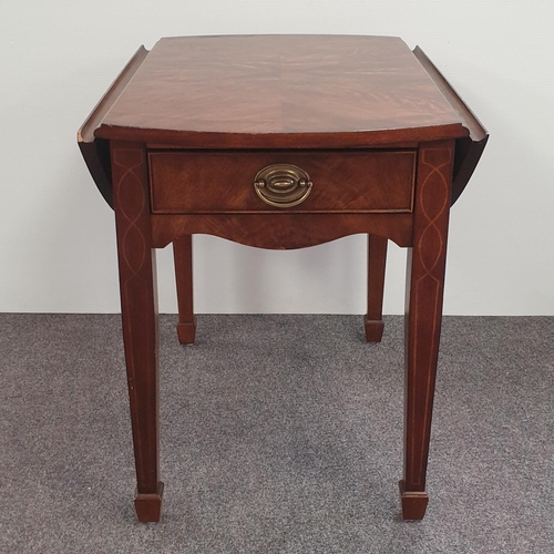 60 - Inlaid Flame Mahogany Drop Leaf Occasional Table with inlay legs and one drawer, H:67 x W:50/92 x D:... 