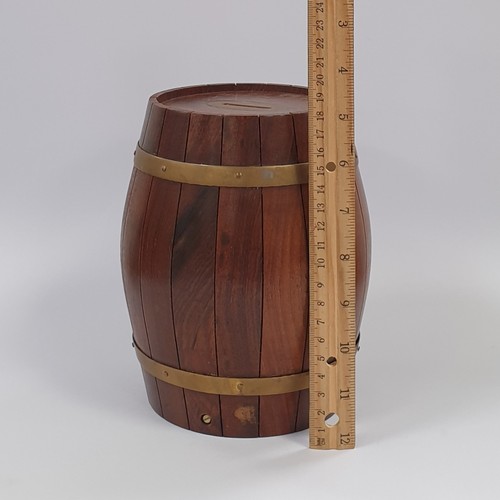 46 - Wooden Brass Bound Barrell Money Box H: 18cm