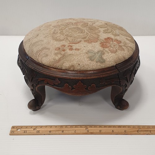 32 - Small Mahogany Framed Footstool, H: 16cm x W: Diameter 28cm