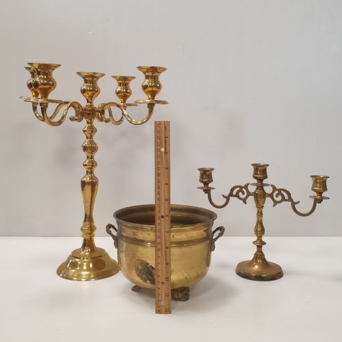 52 - Lot of 2x Brass Candelabra and brass jardinière