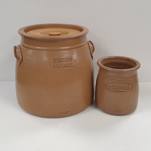 184 - Kiltrea Bridge Pottery Large Bread Crock with Wooden Lid and Utensils Holder