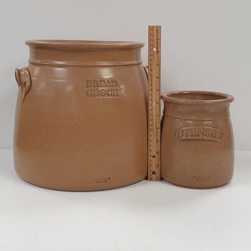 184 - Kiltrea Bridge Pottery Large Bread Crock with Wooden Lid and Utensils Holder