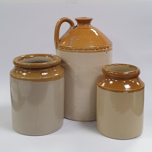 238 - Stoneware 1 Gallon Whiskey Flagon (Height 30cm) and Two Crock Jars (20x15cm / 18x13cm)