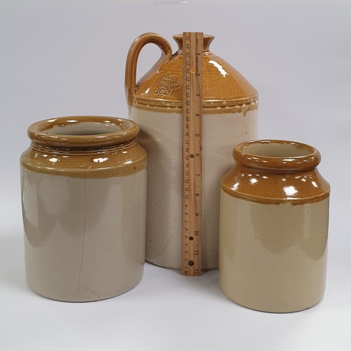 238 - Stoneware 1 Gallon Whiskey Flagon (Height 30cm) and Two Crock Jars (20x15cm / 18x13cm)