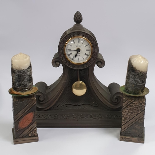 324 - Genesis Mantle Clock (H:35 x W:33 x D:11cm) and Pair of Pillar Candle Holders