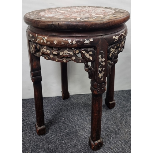 82 - Oriental Hardwood Mother of Pearl Inlay and Marble Top Occasional Table H:52cm x W:41cm.